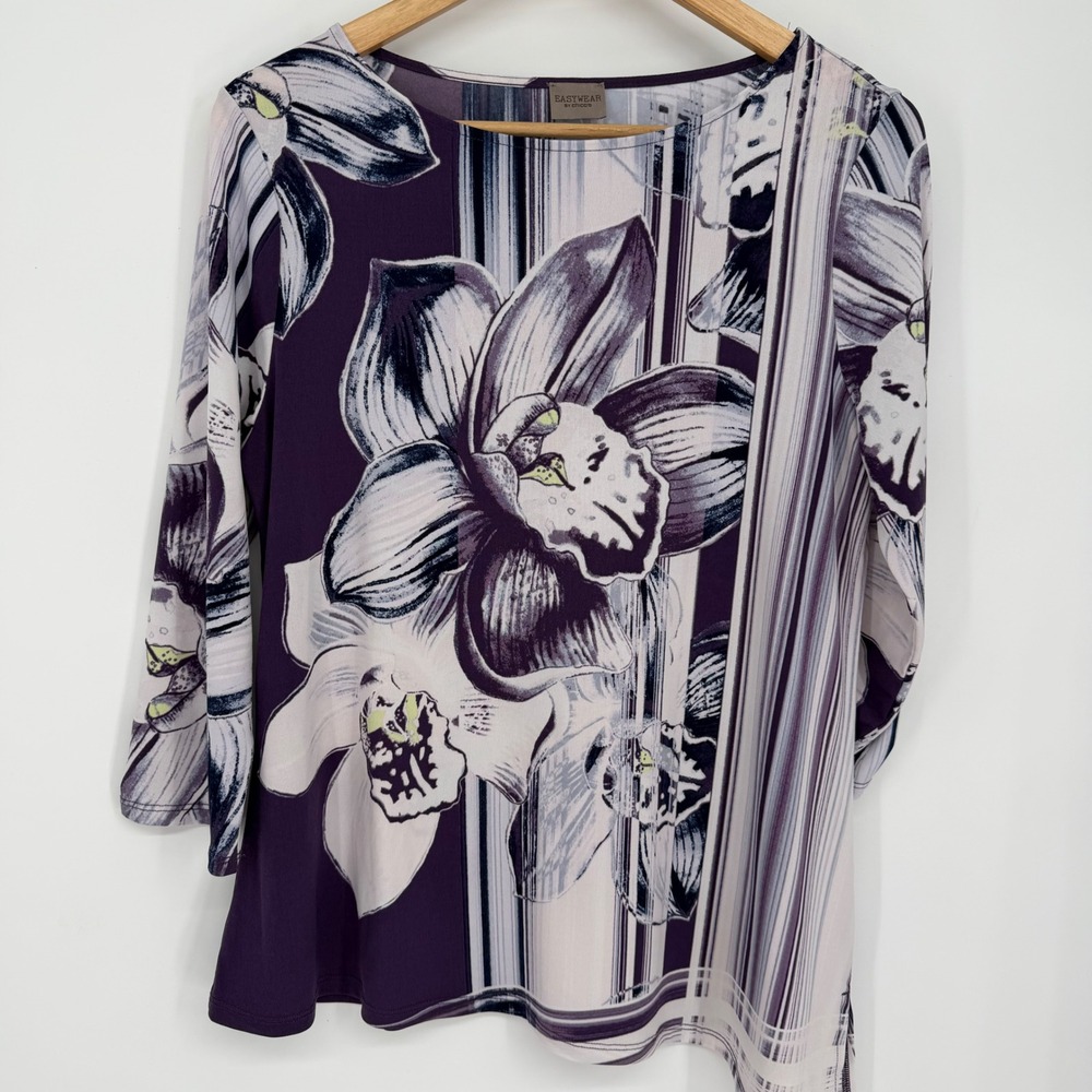 Chicos Tunic Top Womens Medium Purple Floral Striped Asymmetric Flowy Feminine